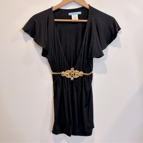 Marciano Tops - Marciano Flutter Sleeve Deep V-Neck Tee Shirt with Statement Belt Gold